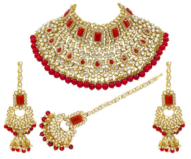 SAIYONI Indian Bridal Multicolor Kundan Choker Necklace Earring With Maangtikka jewellery set For Women & Girls.