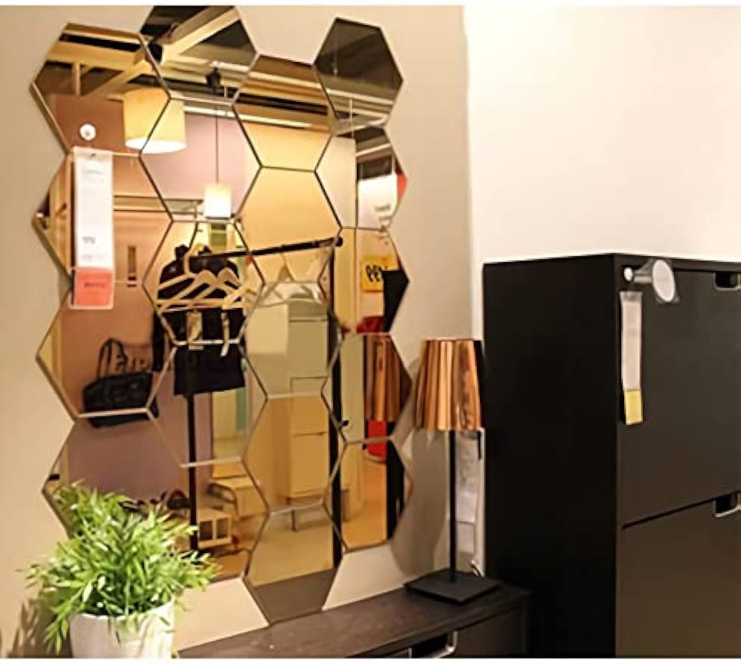 WallDaddy Plastic 3D Hexagon Mirror Wall Stickers - (Gold, 1.5 Mm, Large , Each Hexagon Size 10.5 Cm X 12.1 Cm , Pack Of 2 )(Hexagonal)Unframed-image-12