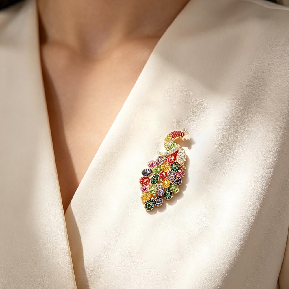 Vintage Peacock Brooch Rhinestone Bird Lapel Pin for Women image 2