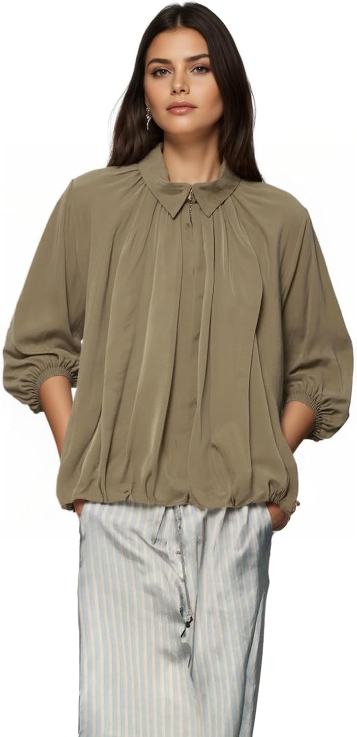 Women's Casual Bomber Jacket Oversized Long Sleeves Outwear with Front Zip Batwing Lapel Collar OutCoat Shirts - Image 2