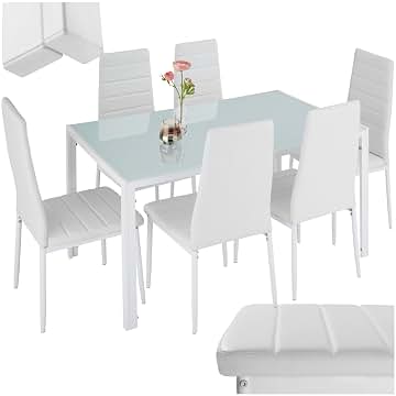 TecTake® Conjunto de Mesa y 6 Sillas de Comedor, Atractivo Diseño, Alto Confort, Tablero de Vidrio, Sillas Comedor Modernas, Sillas de Cocina, Muebles Salon Modernos - Blanco/Blanco