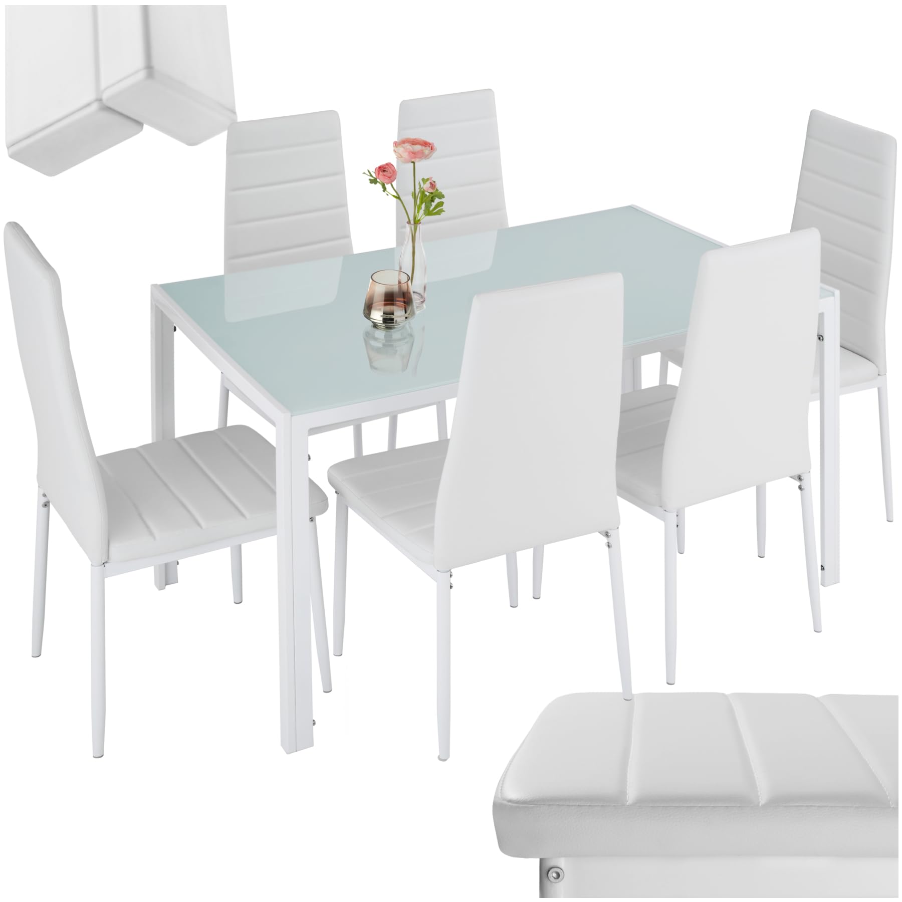 tectake® Küchentisch mit Stühlen, Esstisch und 6er Set Esszimmerstühle, Küchenstühle modern, Sitzgruppe Küche, Küchenmöbel, Hochglanz Glastisch, Esszimmer, Essstühle für Küchentresen - weiß/weiß