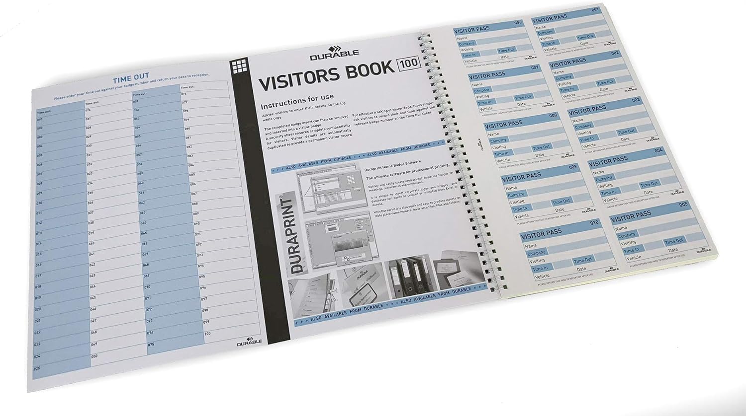Durable 146465 Kit de recarga para el Libro de Visitas 100, en inglés, para 100 insignias | Hojas de repuesto A4 (3 piezas, microperforadas, 90 x 60 mm)