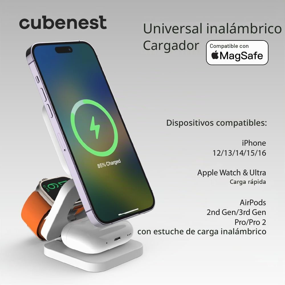 CubeNest Cargador inalámbrico magnético plegable 3 en 1 E310, compatible con MagSafe, compatible con iPhone 12/13/14/15, Apple Watch & AirPods | rotación de 360°, función de carga rápida de 20 W |