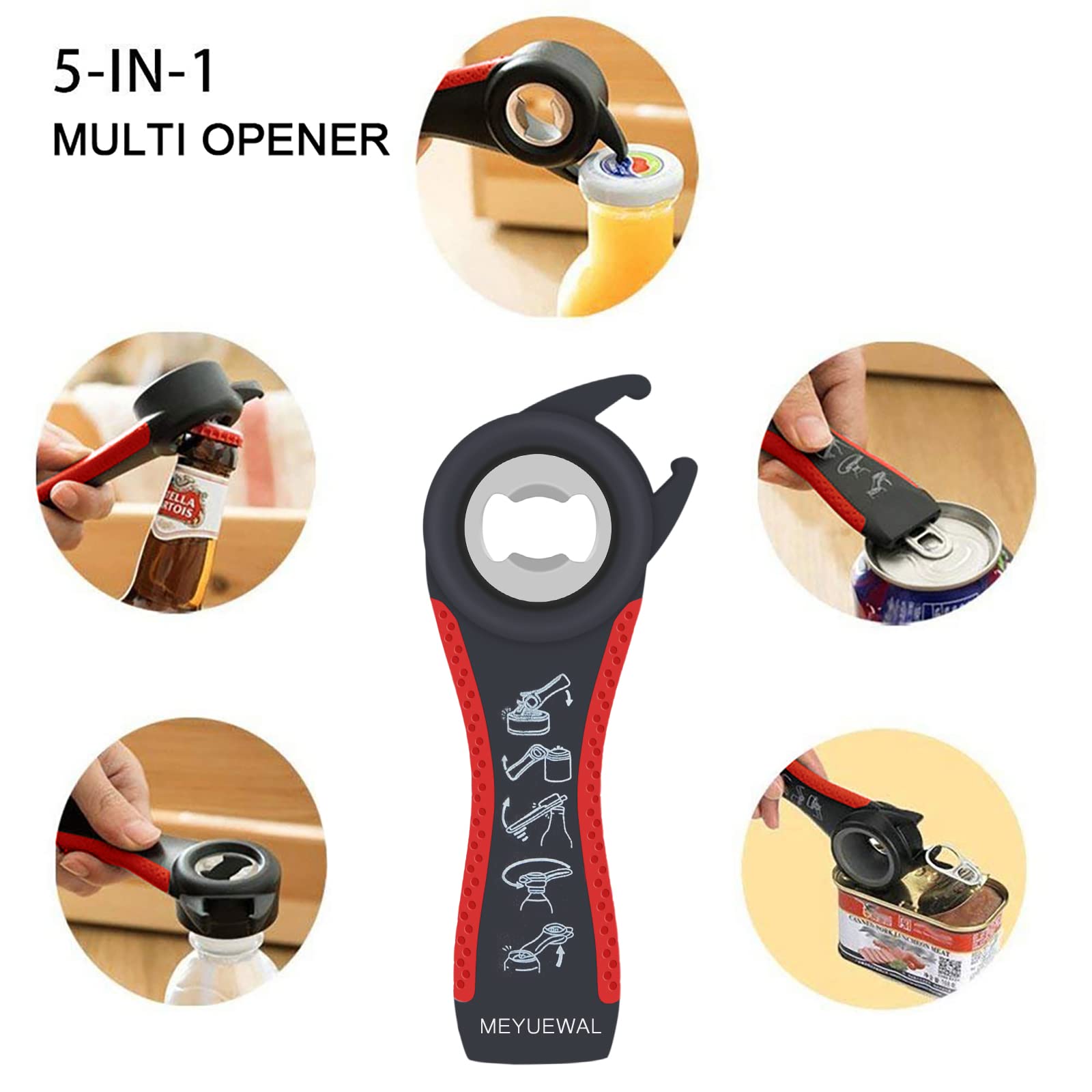 Abridor de tapas 6 en 1, abrelatas y botellas, tarros y latas para personas mayores con artritis o manos débiles, resistente y borde liso, color rojo