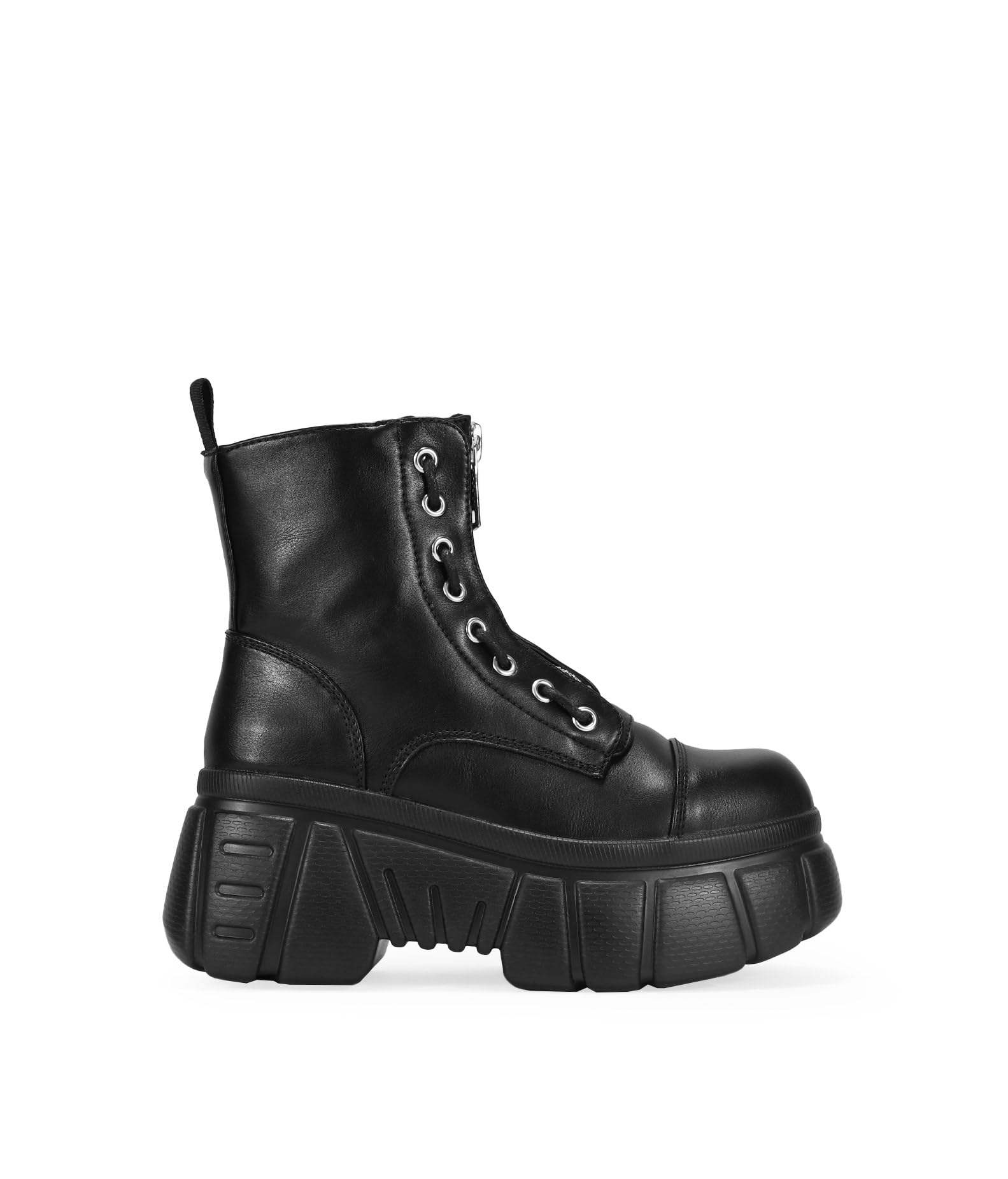 BOSANOVA Militärstiefel aus veganem Leder mit Frontreißverschluss, dekorative seitliche Schnürung und 7 cm Track-Sohle, Reißverschluss