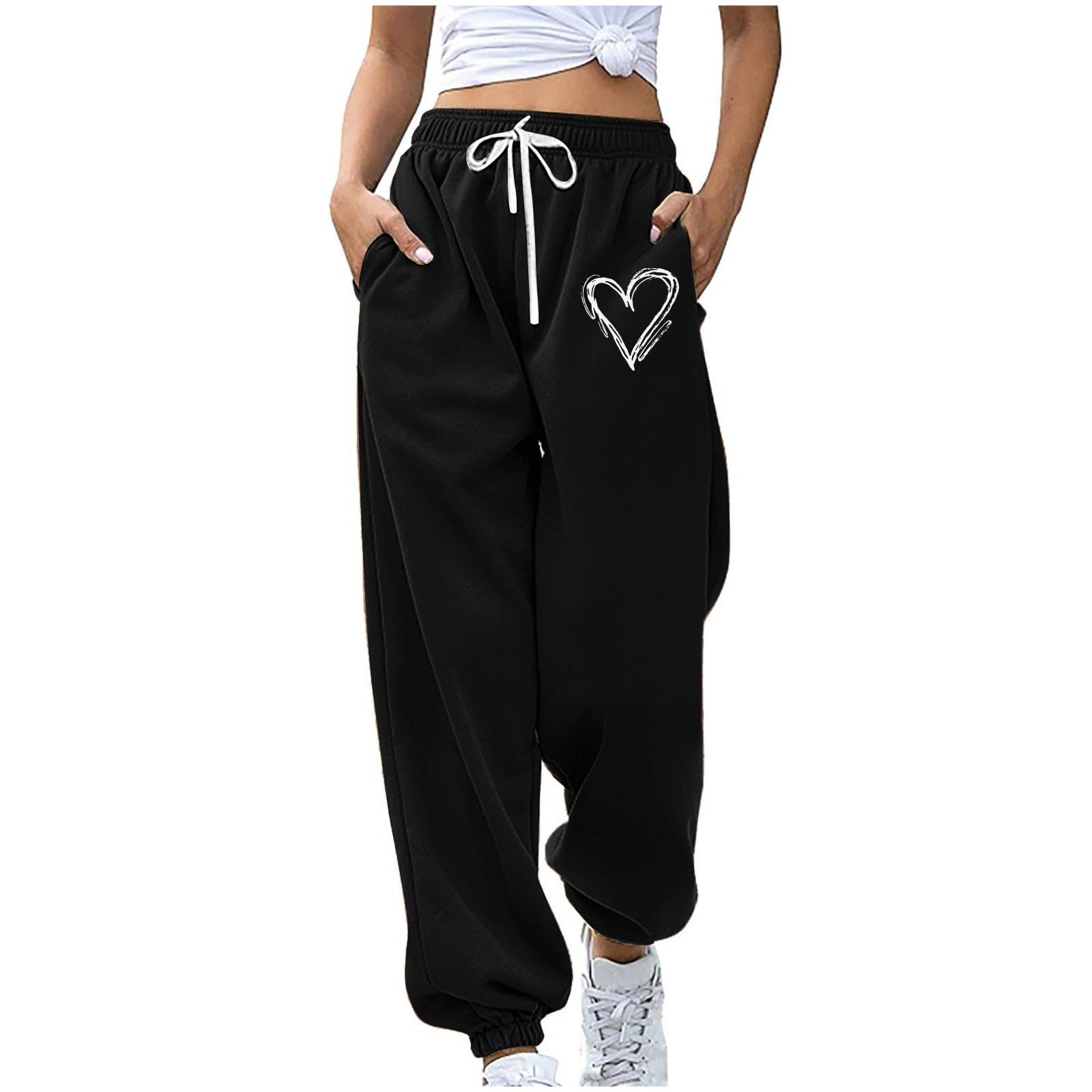 Ruziyoog Womens Casual Baggy Fleece Sweatpants Cute Heart Print Workout Active Joggers Pants Baggy Lounge Bottoms