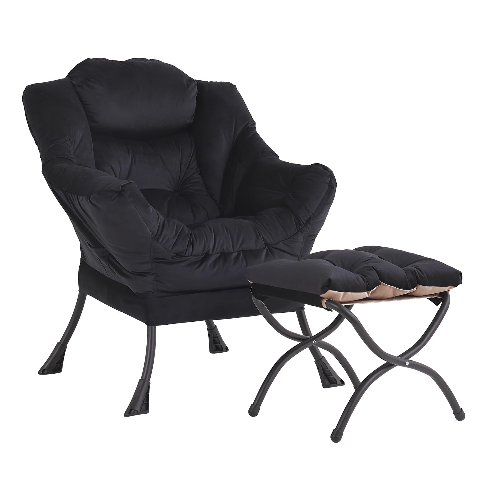 LITA Modern Lazy Chair with Ottoman, Accent Contemporary Lounge Chair Single Leisure Upholstered Sofa Chair Set with Armrests and a Side Pocket, Reading Chair for Living Room & Bedroom,Black