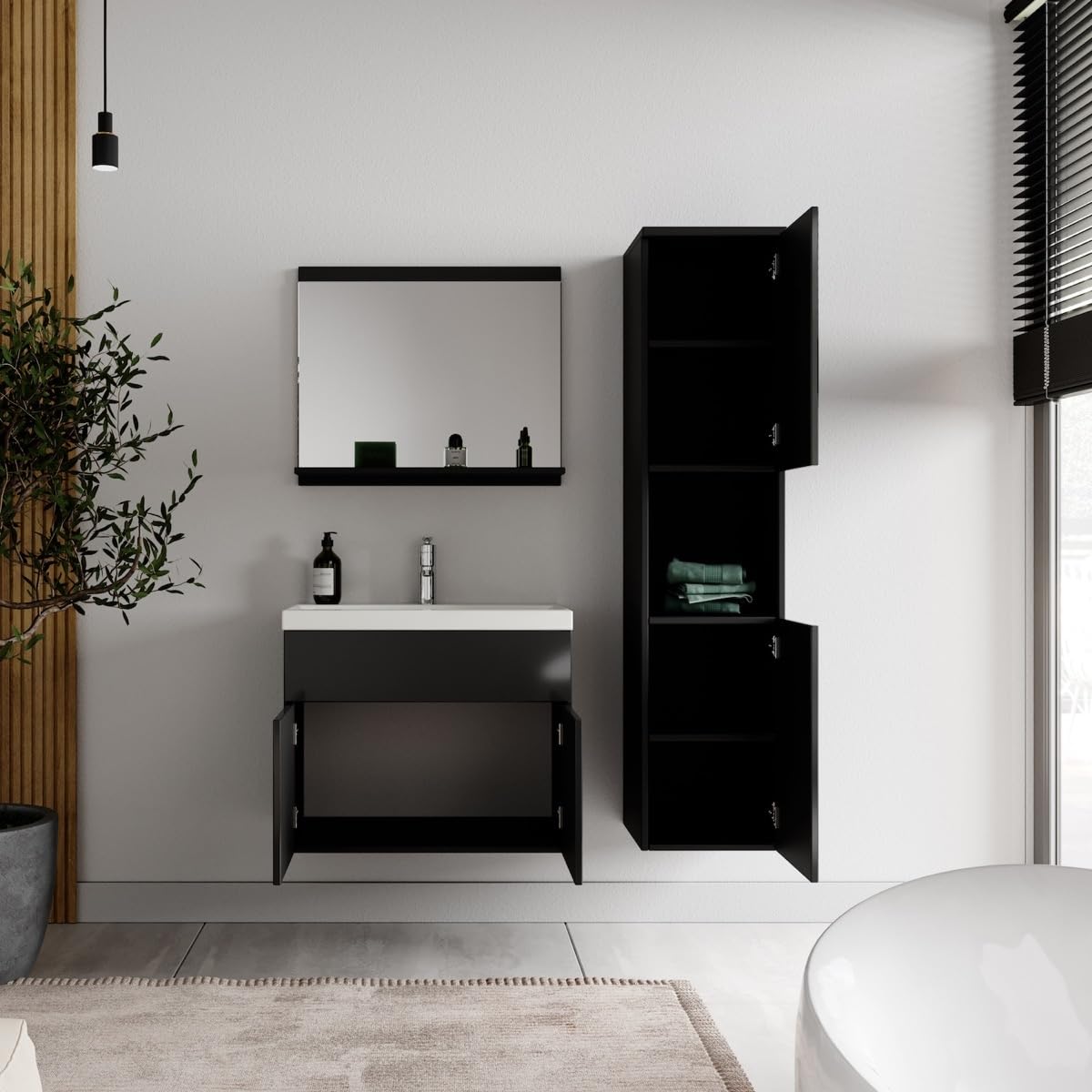 Badplaats B.V. Meuble de Salle de Bain Montreal 60 cm lavabo Noir Brillant - Armoire de Rangement Meuble lavabo evier Meubles