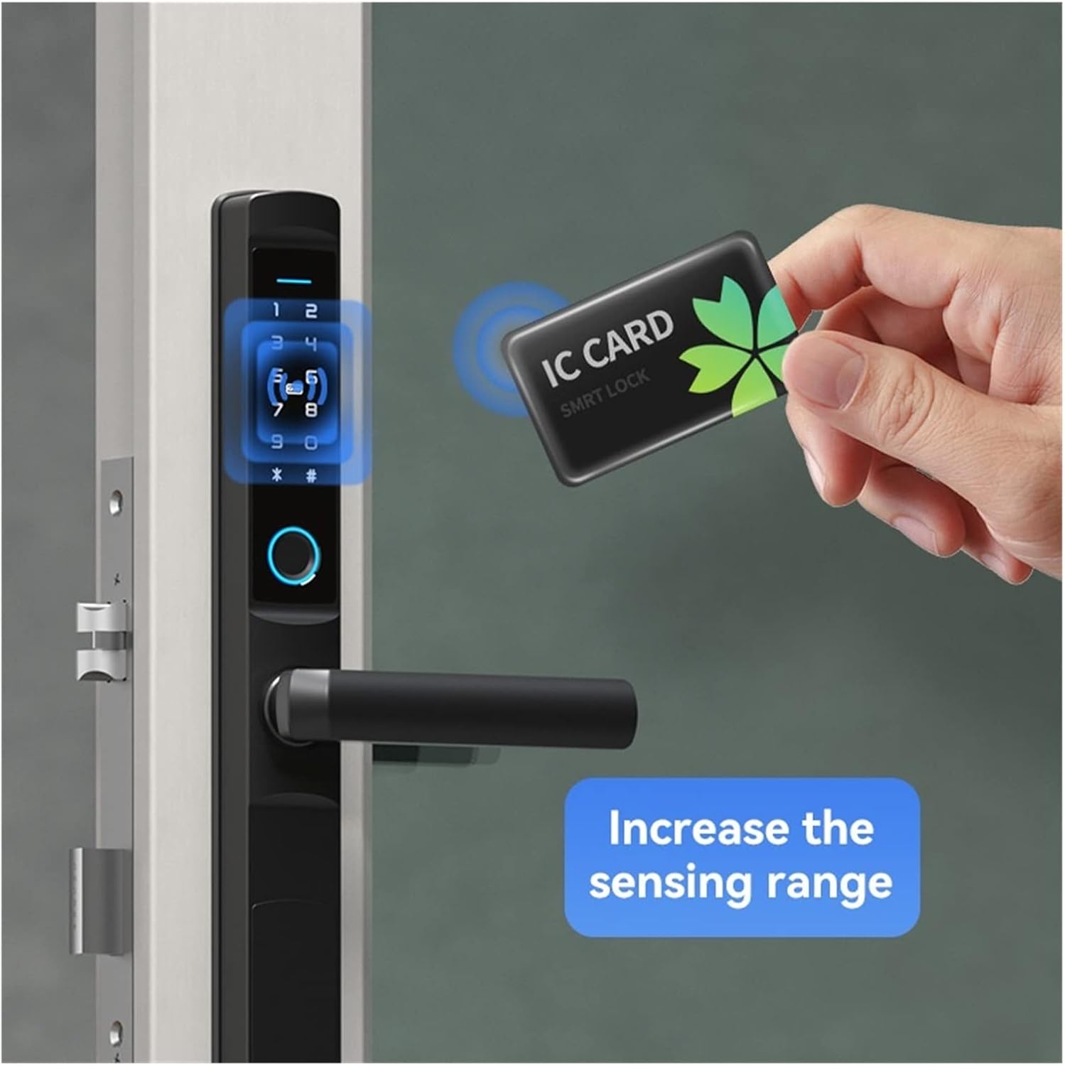 Hand holding an IC card near the smart lock for unlocking