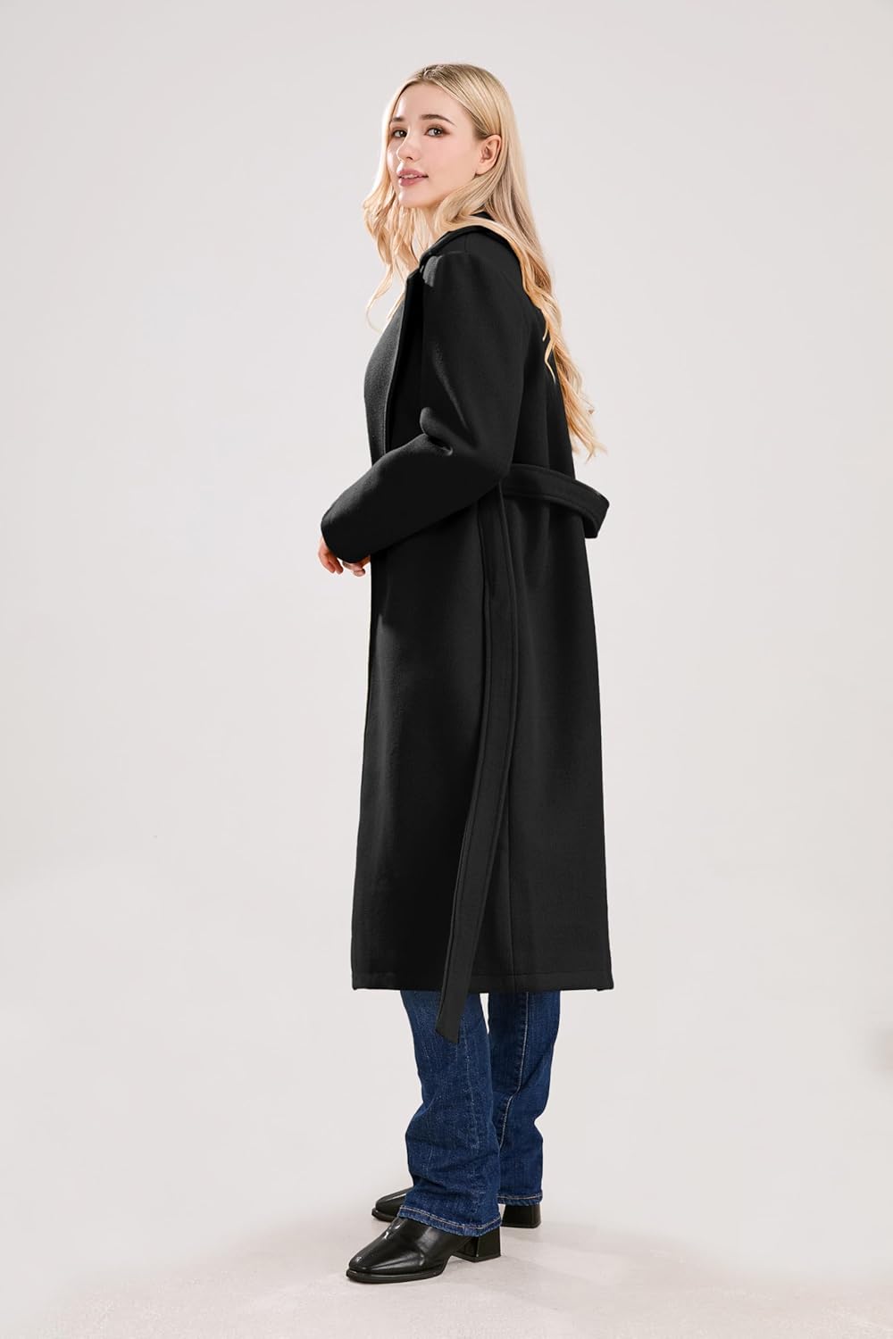 utcoco Womens Long Wool Pea Coats Notched Collar Open Front Woolen Blend Trench Coat with Belt - Image 7