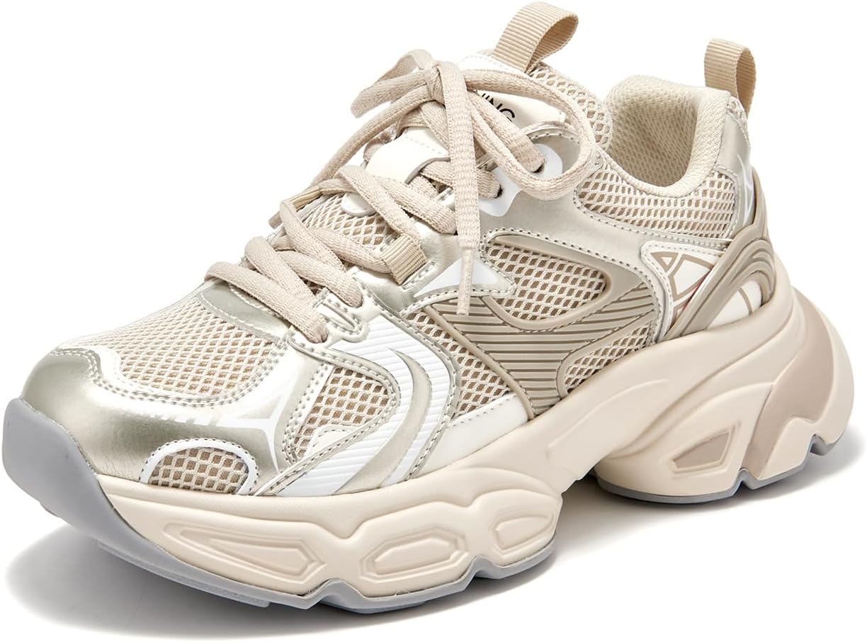 BEAU TODAY Womens Chunky Sneakers Platform Fashion Sneakers for Women Non-Slip Breathable Women's Dad Shoes Comfortable Lace-up Wide Width Tennis Shoes