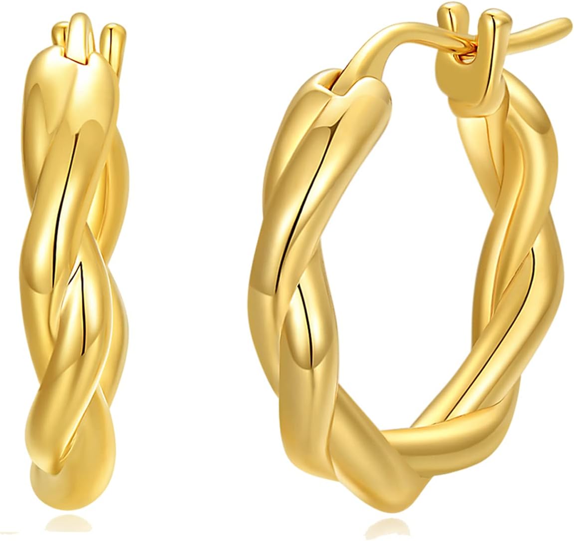 18k Yellow Gold Twist Hoop Earrings for Women, Real 18 Karat Gold Huggie Hoops(18 * 17 * 3 mm)