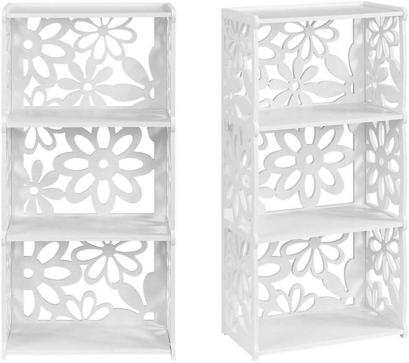 Finether 3-Shelf Shelving Unit, Modular Flower Cut-Out White Wooden Plastic Composite 3 Tier Shelving Unit Storage Shelf Bookcase Display Shelf for Shoes Books Toys Bedroom Living Room Kitchen Office