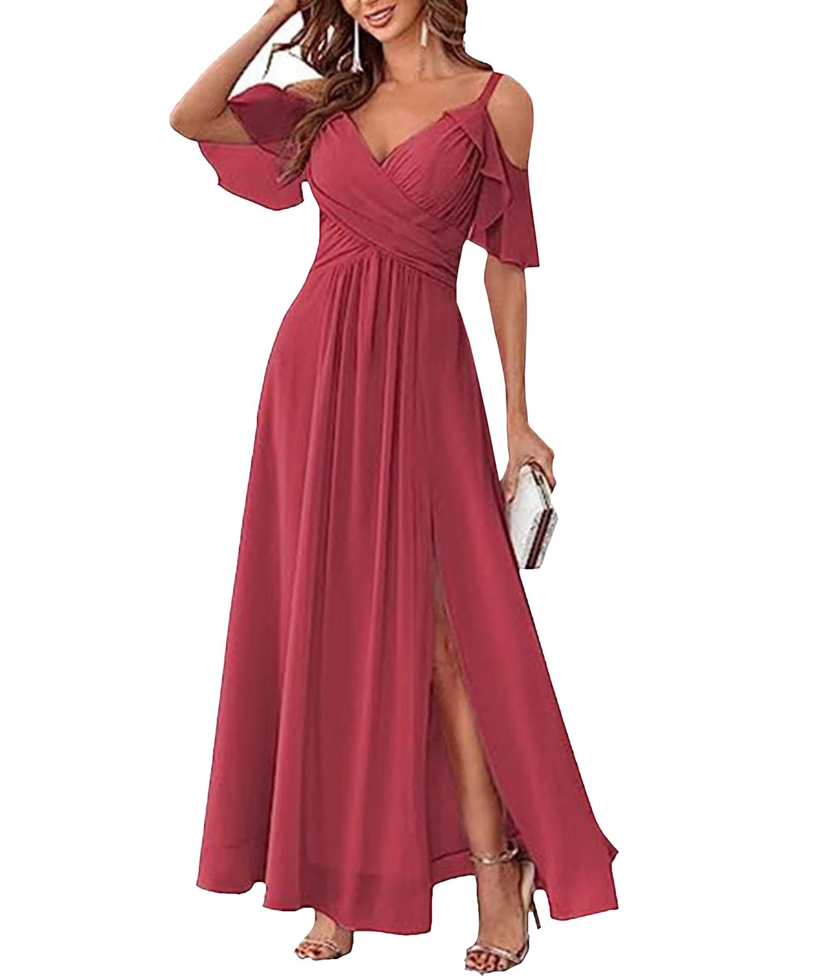 xxxiticat Vestido largo de gasa para mujer, cuello en V, tirantes delgados, vestido de baile de graduación, vestido de noche con abertura