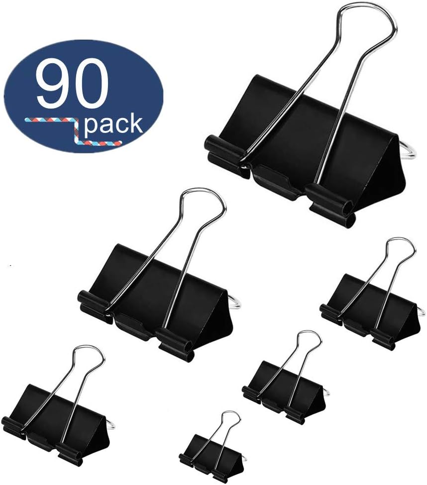 Binder Clips 90PCS Paper Clamps 6 Assorted Sizes Large Medium Small, OUHL Foldback Clips for Office Schools Kitchen Home Usage (Black)