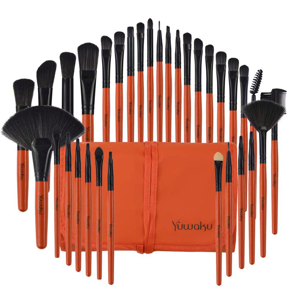 Yuwaku Makeup Brushes, Orange Red Makeup Brushes Set 32 Piece Premium Synthetic Foundation Powder Concealers Make up Brushes Wooden Handle…