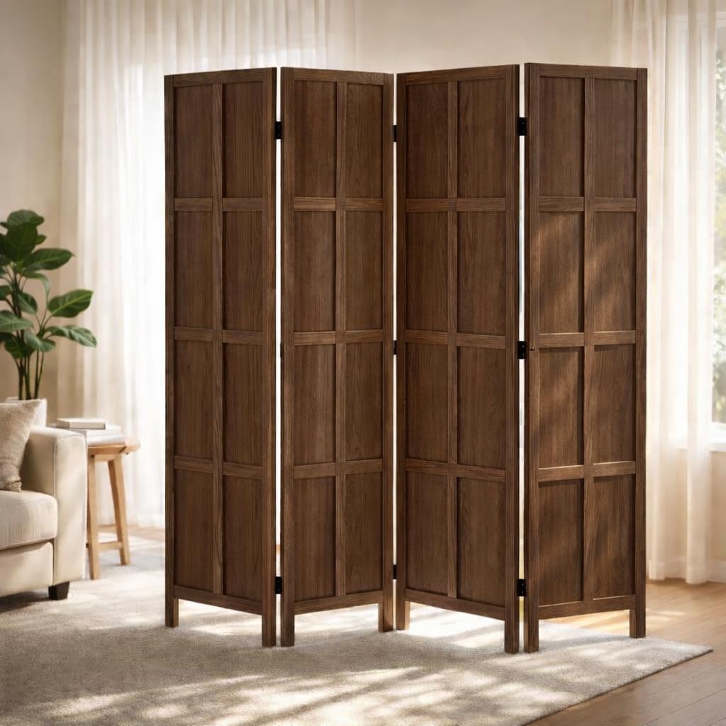 Biombo de madera maciza de 4 paneles, pantalla plegable para privacidad, color marrón miniatura 1