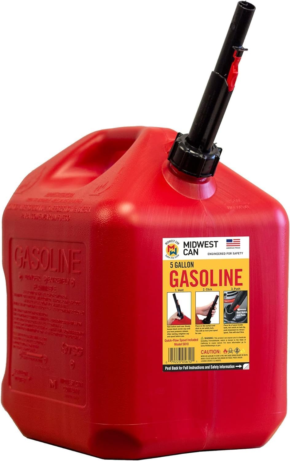 Midwest Can 5610 Safe-Flo Auto Shut Off 5 Gallon Gas Can – Durable Fuel Containers with FlameShield Safety System & Quick-Flow Spout - Red - 1 Pack