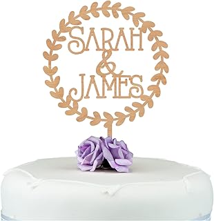 PERSONALISED Wooden Wreath Wedding Cake Topper - Rustic Name Wedding Cake Decoration Keepsake - ANY TWO NAMES Woodland Wedding Engagement Anniversary Cake Topper - Made from Cherry or MDF Wood