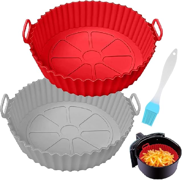 VOLMEY Air Fryer Silicone Pot, 2PCS Reusable Silicone Air Fryer Liners, 7.9 inch Round Air Fryer Basket, Non-Stick Air Fryer Accessories for Air Fryer Oven Microwave Baking Roasting + Oil Brush