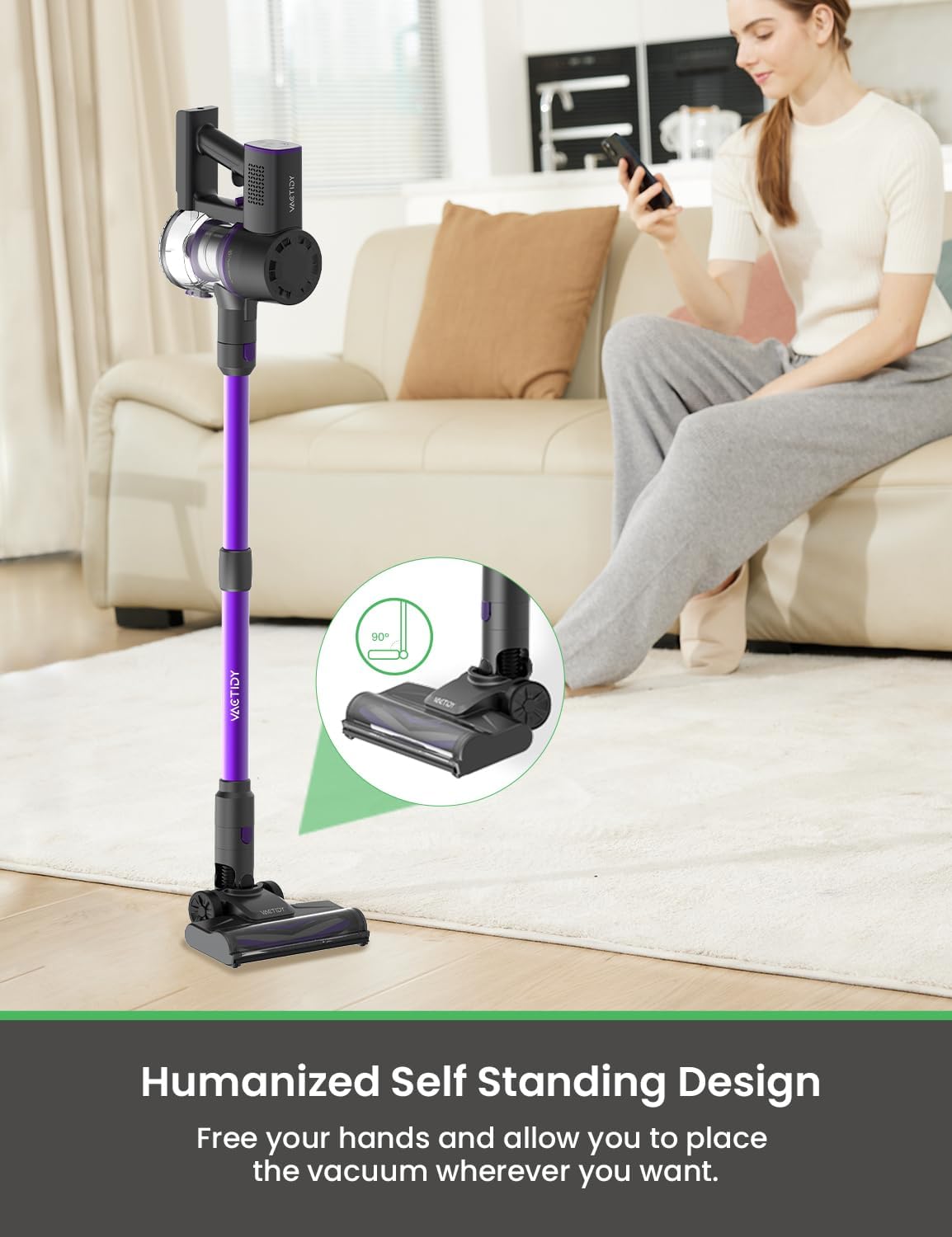 Vactidy vacuum standing upright on its own, demonstrating the self-standing design
