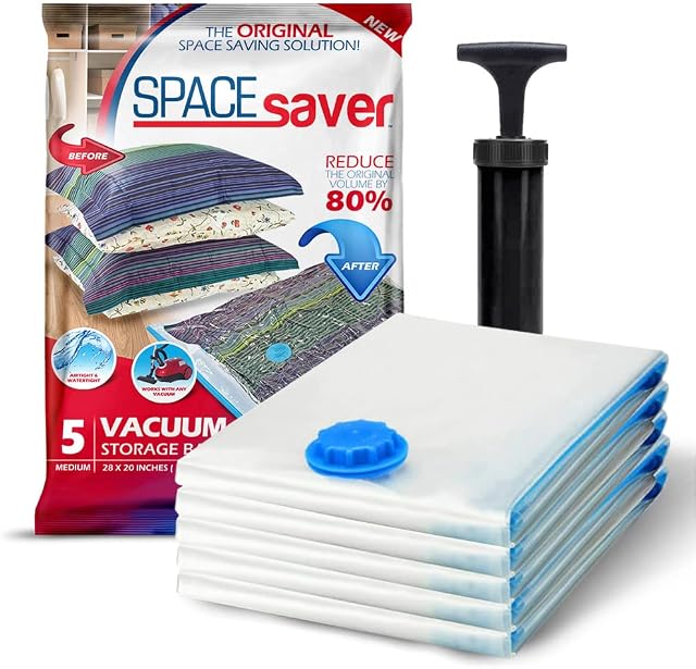 Spacesaver Premium Vacuum Storage Bags. 80% More Storage, Hand-Pump for Travel, Vacuum Sealer Bag with Double-Zip Seal and Triple Seal Turbo-Valve for Max Space Saving in a storage bag (Medium 5 Pack)