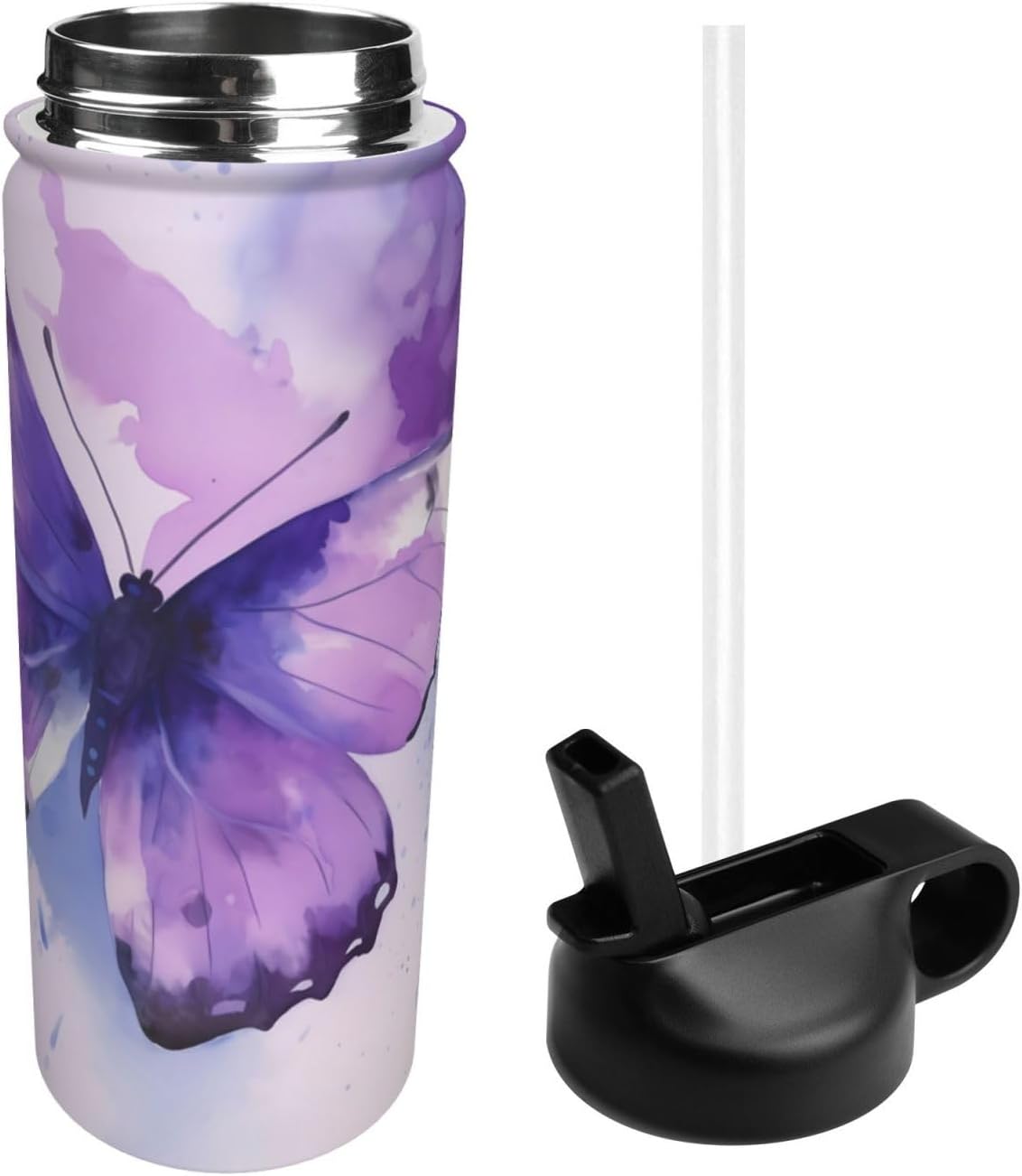 18 oz Purple Butterfly Double Wall Insulated Water Bottle with Straw and Lid, Stainless Steel Sports Bottles Watercolor Travel Mug for Home Office