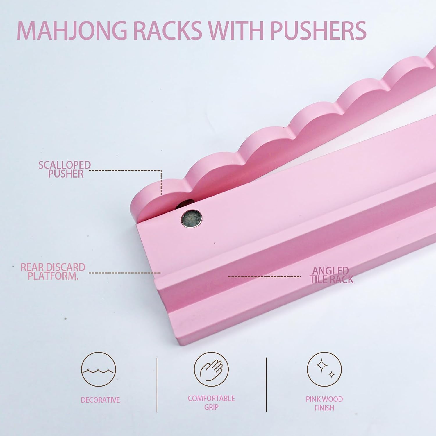 Pink Mahjong Racks with Scalloped Pushers Magnetic, Set of 4 Wooden Tile Racks with Scalloped Edge Pusher for American Mah Jongg, Easy Storage & Travel