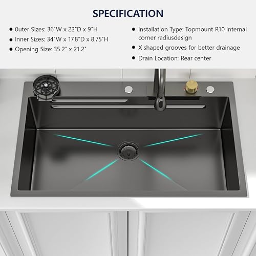 Vista 80 de Logmey Fregadero de cocina negro de 33 x 22 pulgadas, estación de trabajo SUS304, calibre 16, acero inoxidable, cuenco individual, montaje superior