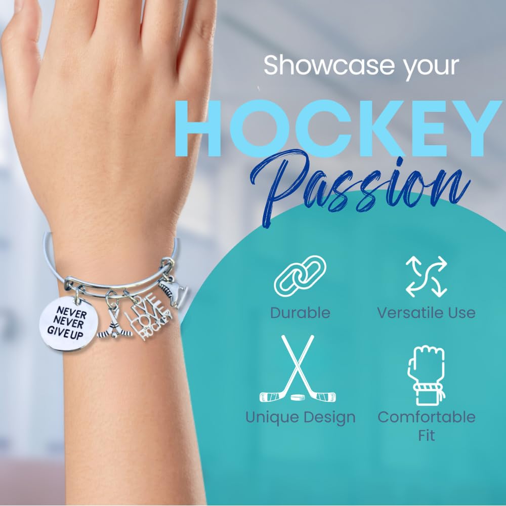 Sportybella Hockey Bracelet, Hockey Jewelry- Ice Hockey Never Give Up Bangle Bracelet- Gift for Hockey Players