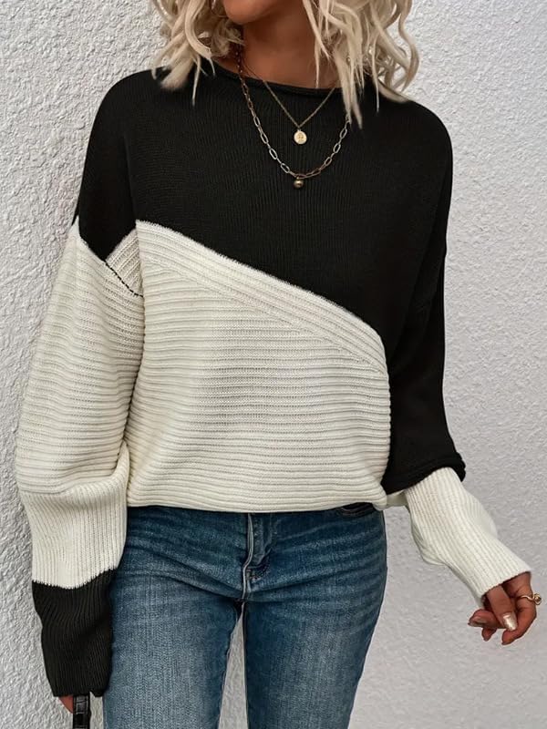 Women's Oversized Sweaters Splicing Color Block Knit Pullover Jumper Tops Fall Winter Outfits 2025 - Image 2