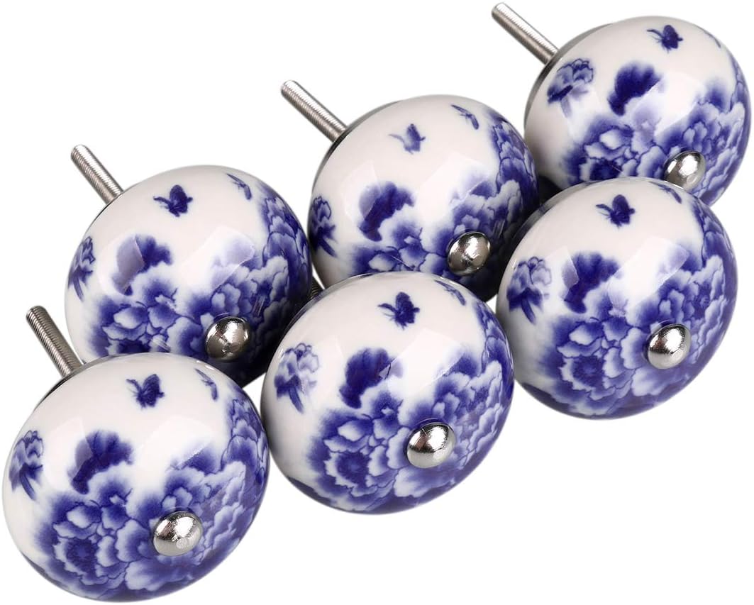 Handmade Floral Decorative Drawer Knobs, White and Blue Ceramic Knobs for Dresser, Cabinet, Drawers, Closets - Peony Pattern, Set of 6