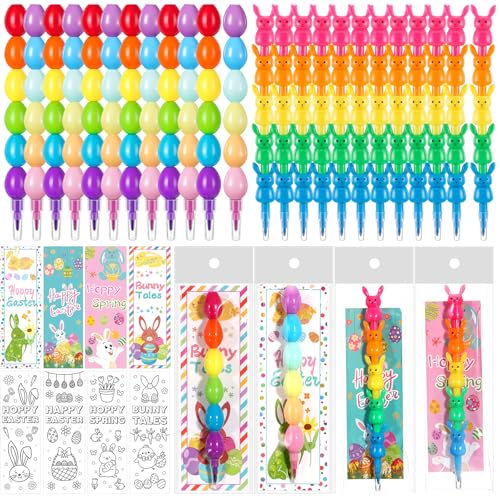 MotiMind 24 Set Easter Crayons Party Favors Bunny Egg Stackable Crayons with Drawable Cards Easter Exchange Gift Basket Stuffer Party Gifts Prize Carnival Bulk