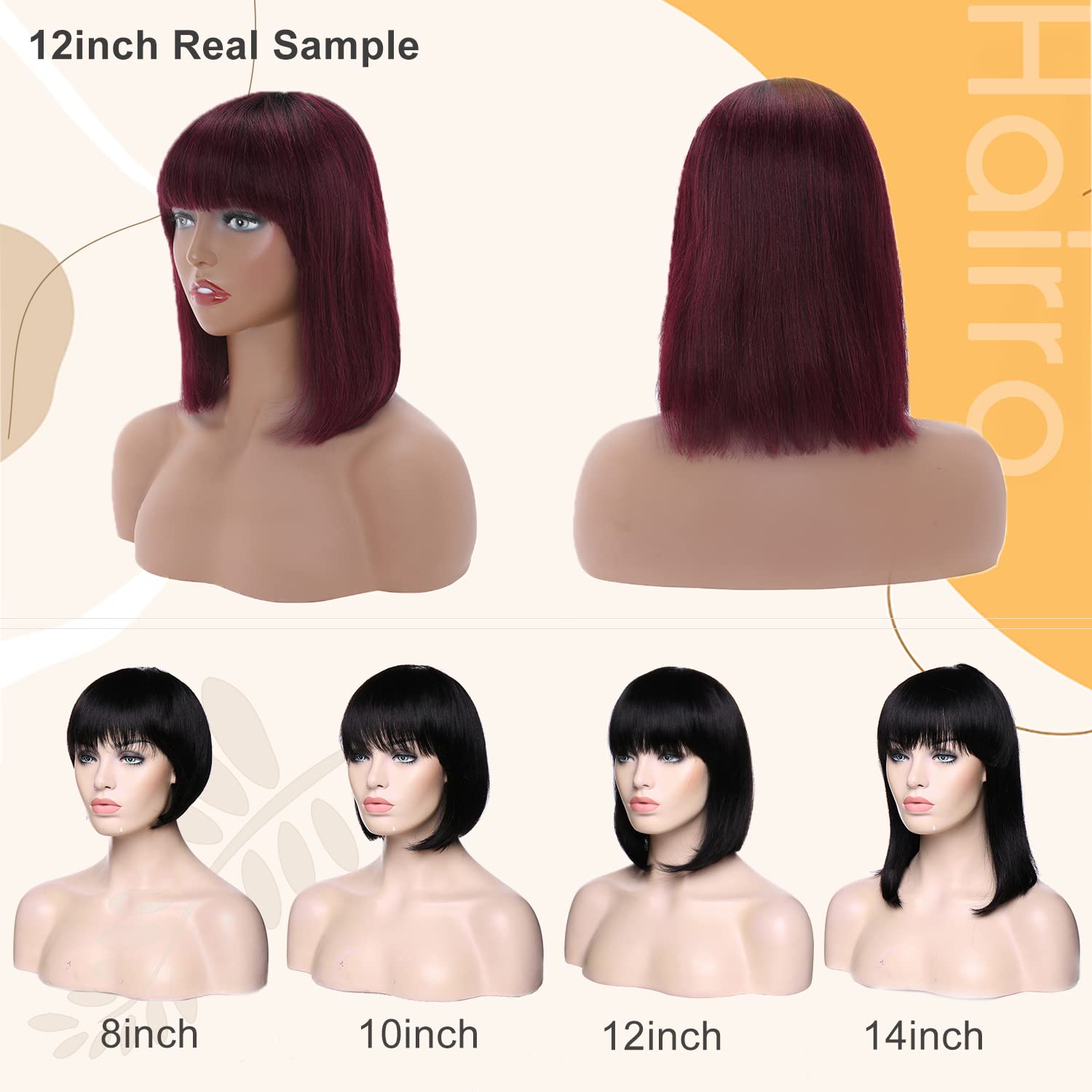 Ombre BOB Human Hair Wigs with Bangs Wine Red Womens Short Ombre Wigs Brazilian Remy Hair Glueless None Lace Front Wig Straight 10inch 1BT99J
