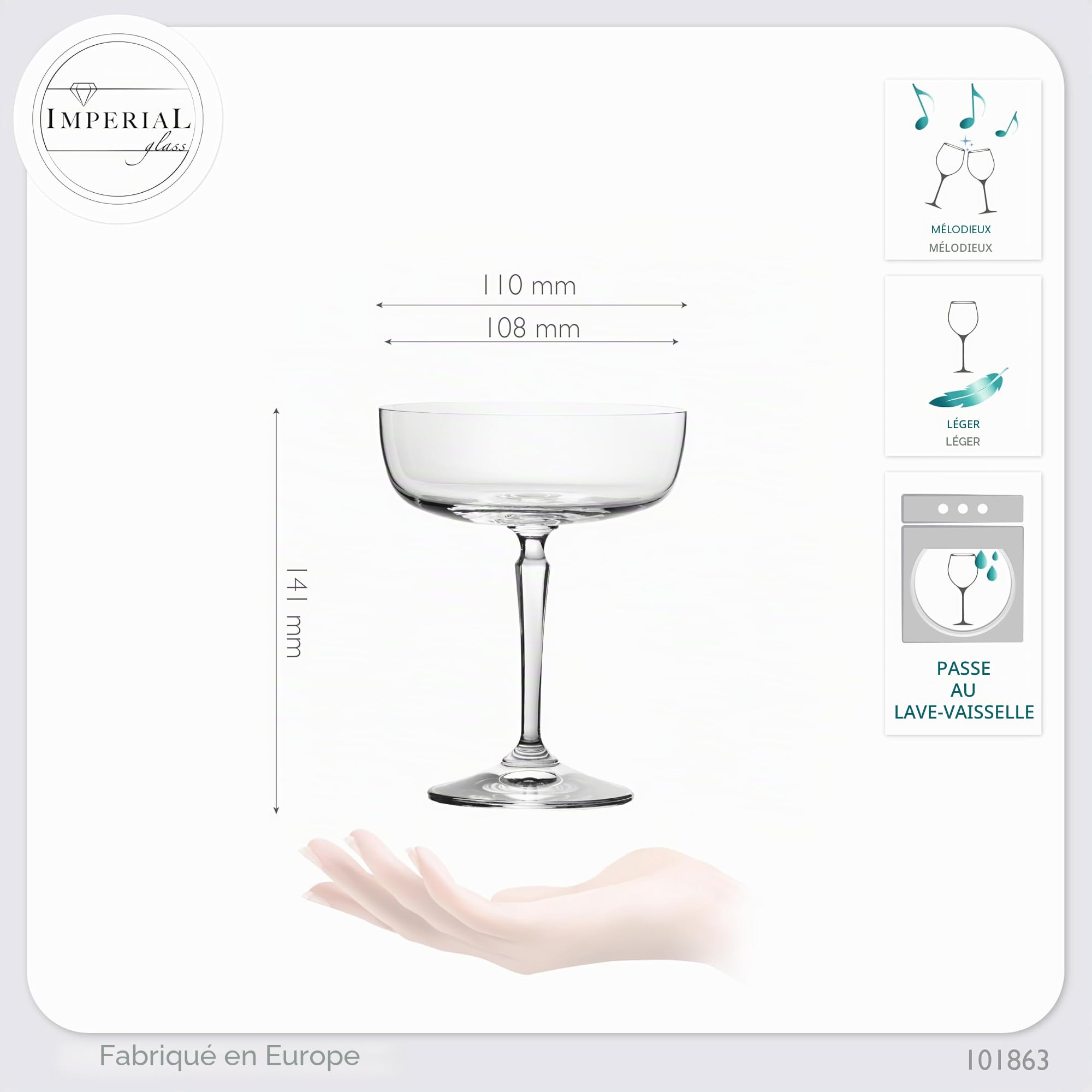 Rio Lot de 6 coupes à champagne carrées en verre Crystalline Passe au lave-vaisselle 260 ml