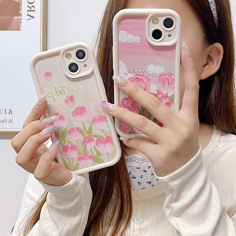 Image of COVERLY Tulip Flower Back Case Cover for iPhone 12 Pro | Hot 3D Floral Pink Cute Design | Camera Lens Protection | Soft TPU Silicone Fashion Aesthetic Print Cover for Girls & Women (Beige, Shockproof)