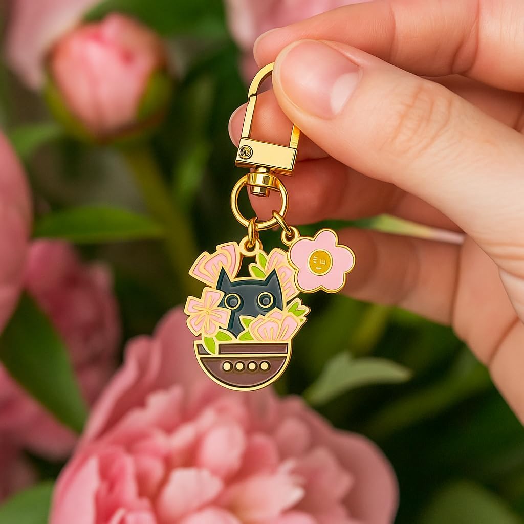 Cat Keychain with Black Cat in Brown Flower Pot, Pink Flower Cluster, and Smiling Face for Women,Cute and Charming Accessory for Bag Charms - Image 3