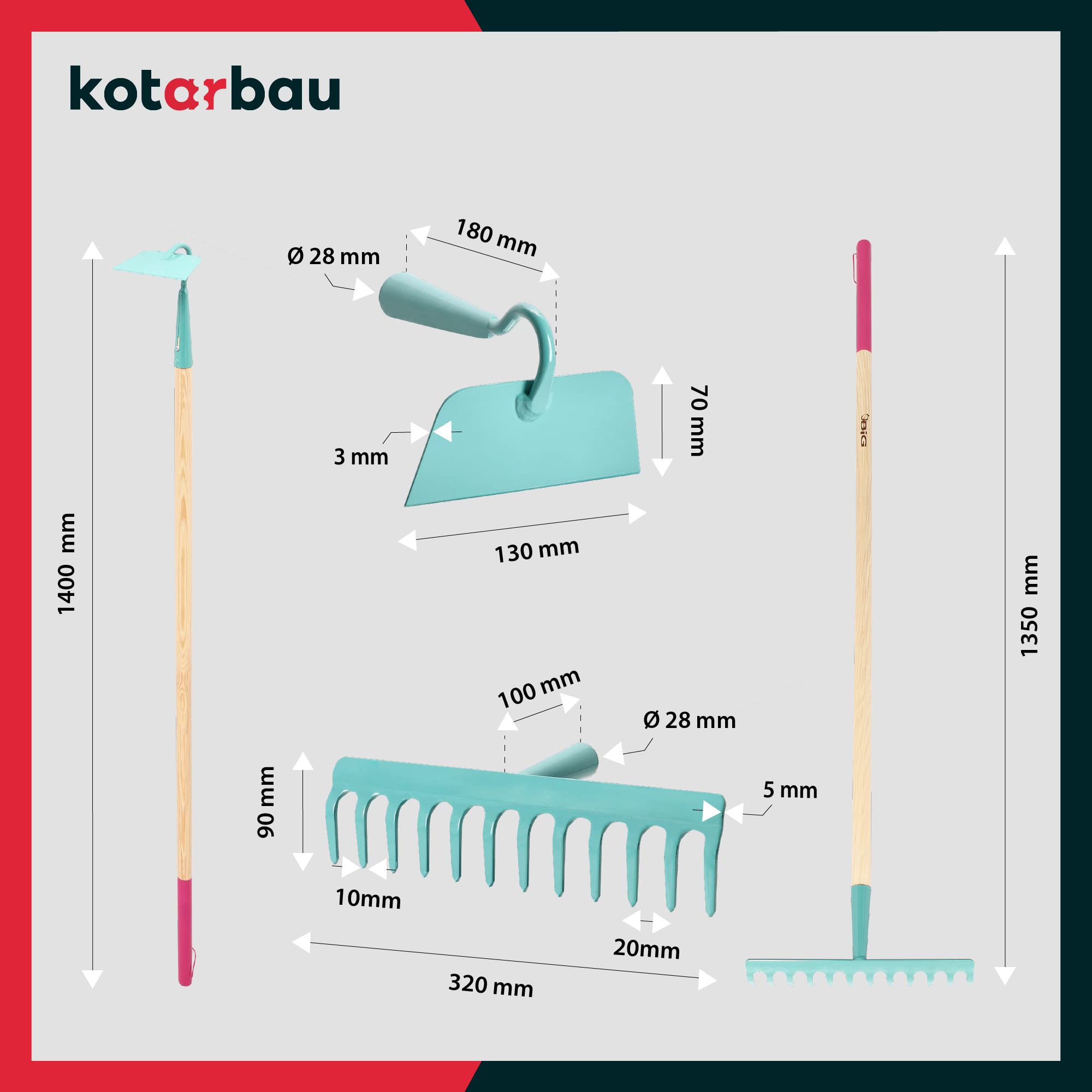 KOTARBAU® Zestaw narzędzi ogrodowych dla kobiet, motyka, łopata, grabie, rękawice