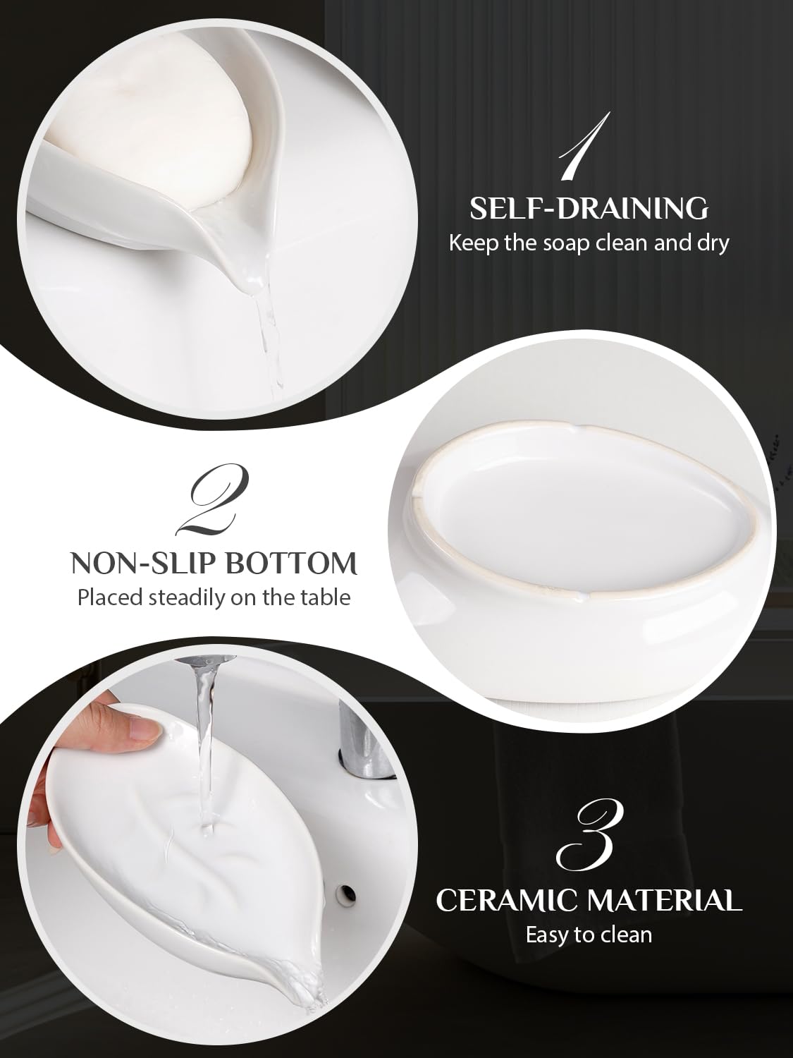 ANTIS'S HOME Ceramic Soap Dish Set of 2, Elegant Leaf-Shaped White Porcelain Soap Holders for Bathroom & Kitchen, Non-Slip - Image 3