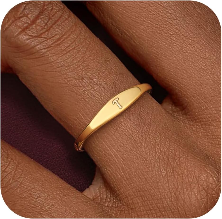Honsny Gold Initial Rings for Women Non Tarnish Dainty 14K Gold Filled Ring Pinky Thumb Thin Bands Letter Waterproof Personalized Stackable Rings for Women Size 6-10 Jewelry Birthday Gifts