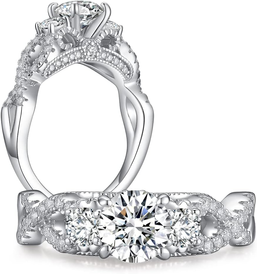 1.8CT Engagement Rings for Women, Round Three Stone Moissanite Ring White Gold Plated Silver Moissanite Rings, Twisting Wedding Rings for Proposal Wedding