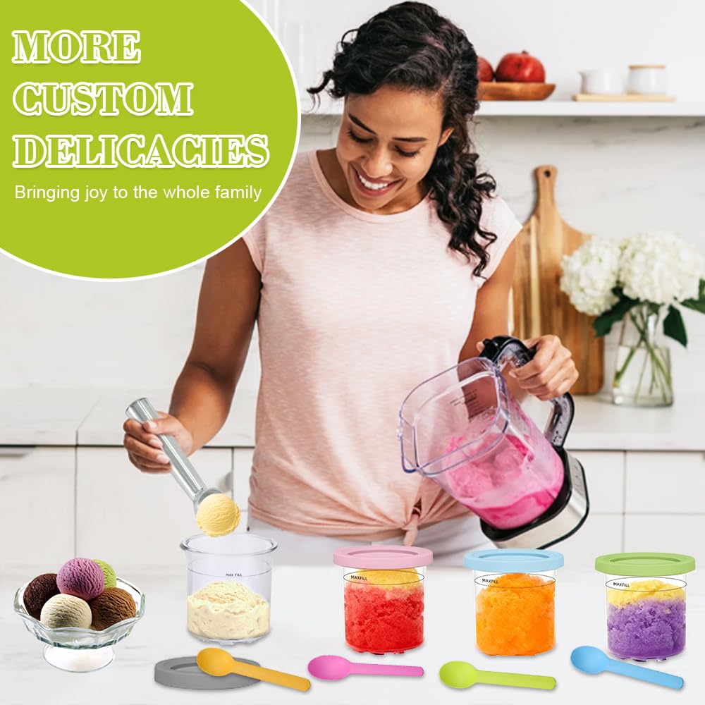 4 PCS Contenitori per Gelato per Ninja Creami 450 ML,Tazza per Gelato con Cucchiaio e 4 Cucchiaini di Plastica,Vaschetta Gelato per Macchina Gelato per Gelatiera Ninja NC299AMZ, C300s - 4 colori