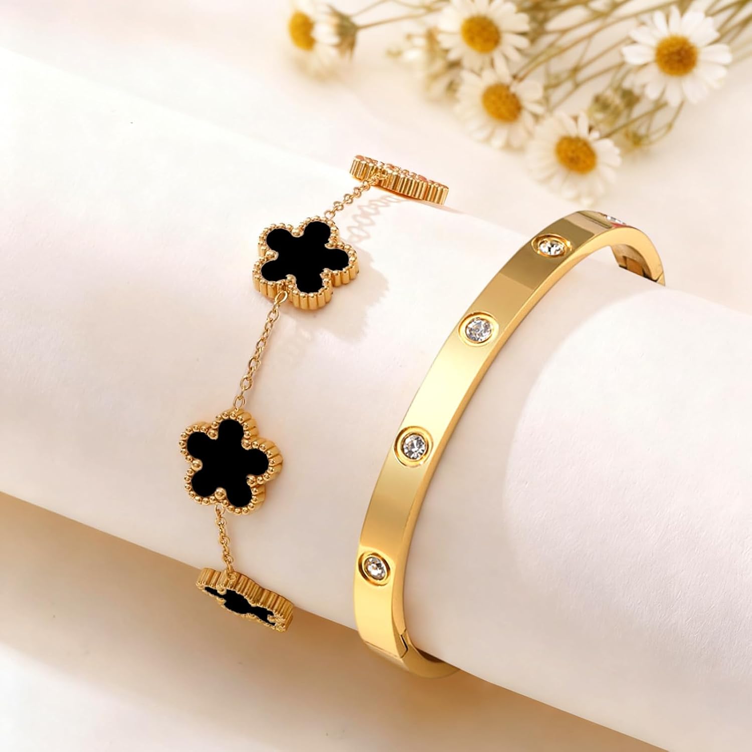 2Pcs 18K Gold Plated Clover Bracelet Set for Women Love Bangle Bracelet Adjustable Charm Stack Lucky Bracelets Cute Gold Bracelets Link Trendy Jewelry Gift for Birthday Christmas Valentine's Day - Image 3
