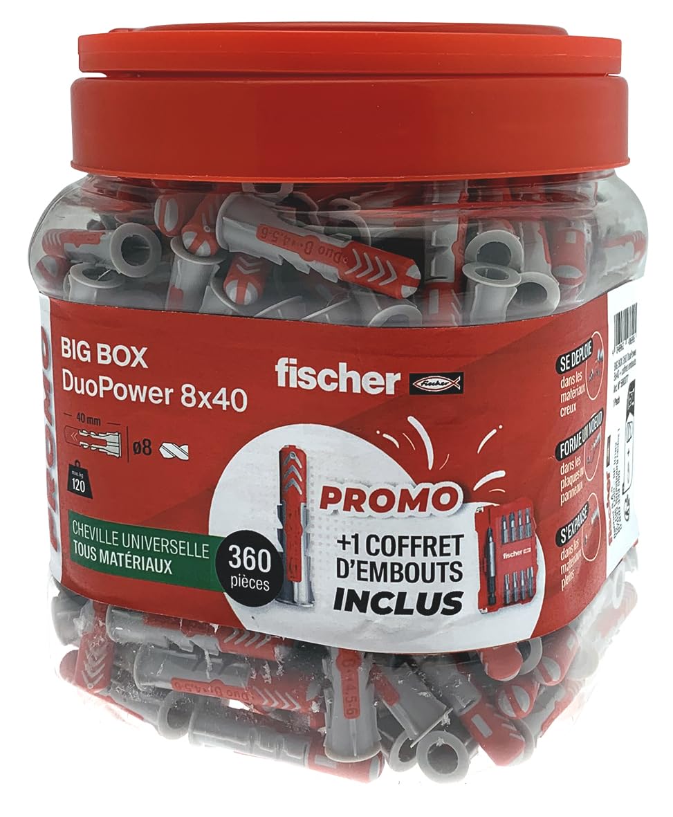 fischer BigBox mit 360 Dübeln für alle Materialien DuoPower 8 x 40 + 1 Bitbox gratis, one Size