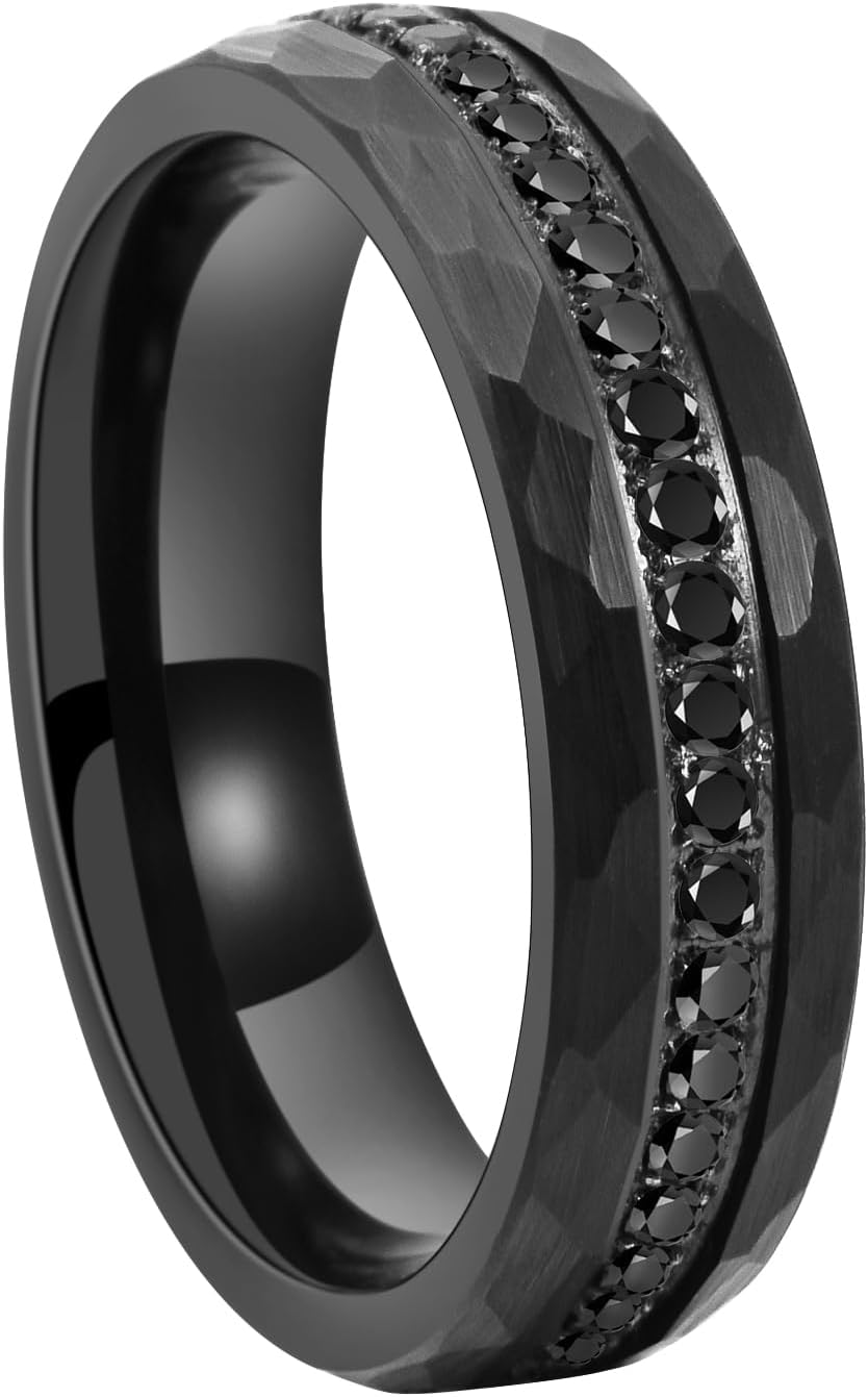 Hioleegi Tungsten Wedding Bands for Men Women CZ Zirconia Stone Inlay Hammered Irregularly Curved Edge Comfort Fit