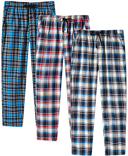 JINSHI Hombre Pantalones Largos de Pijama Algodón Casa Invierno Pantalón Cálido a Cuadros con Bragueta de Botón 3 Pack M