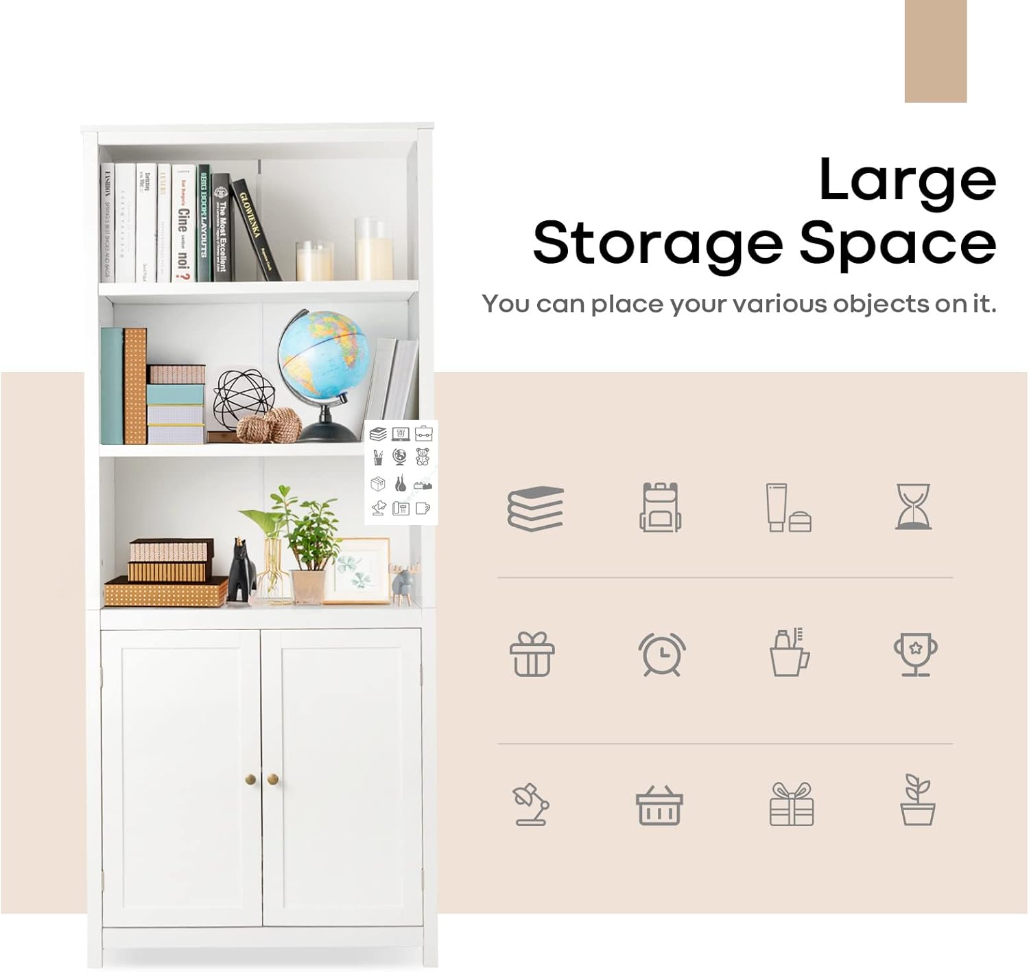 Tangkula Bookcase with Doors, 3 Tier Open Book Shelving, Freestanding Wooden Display Bookcase with Double Doors, Ideal for Home Office Living Room, Library with Doors, White Finish (White)