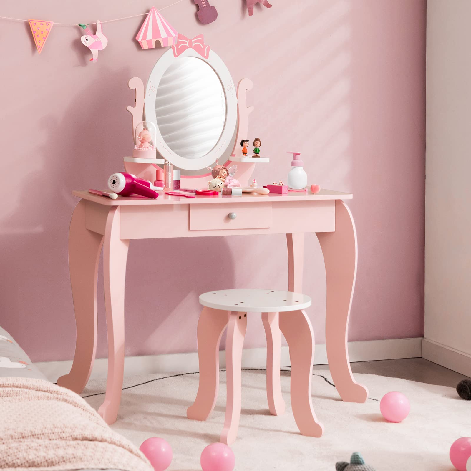 RELAX4LIFE 2 in 1 Toeletta Trucco Bambina con Specchio e Sgabello, Set Tavolo da Trucco con Specchio Rimovibile, Centro di Bellezza, Giocattolo da Trucco per Bambini dai 3 ai 7 Anni