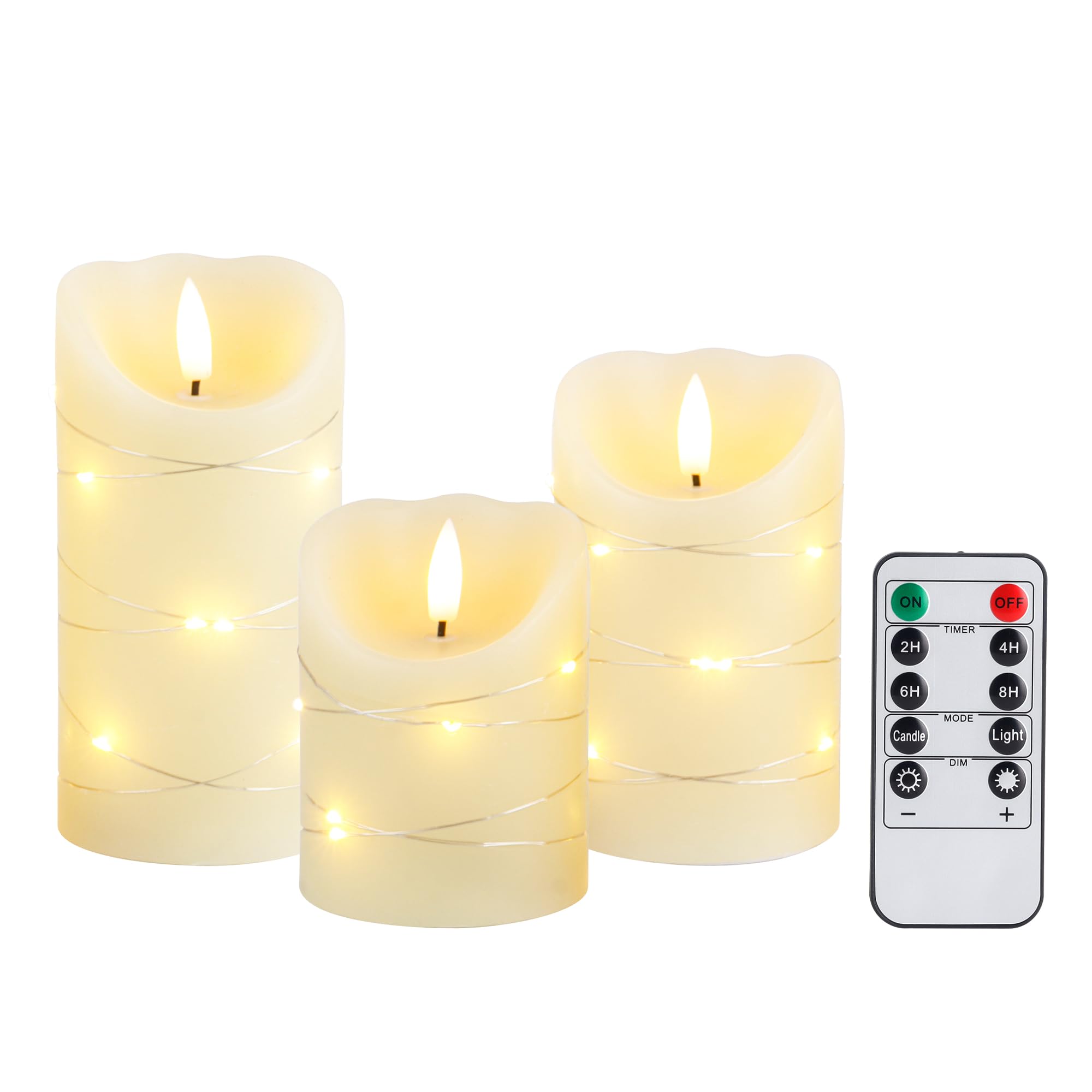Jhy Design Ivory With Embedded String Lights Set Of 3 Flickering Flameless Candles Real Wax Electric With Embedded String Lights, Battery Operated Pillar Led Candles For Gift, Home & Easter Decorations, With Remote & Timer(Ivory)